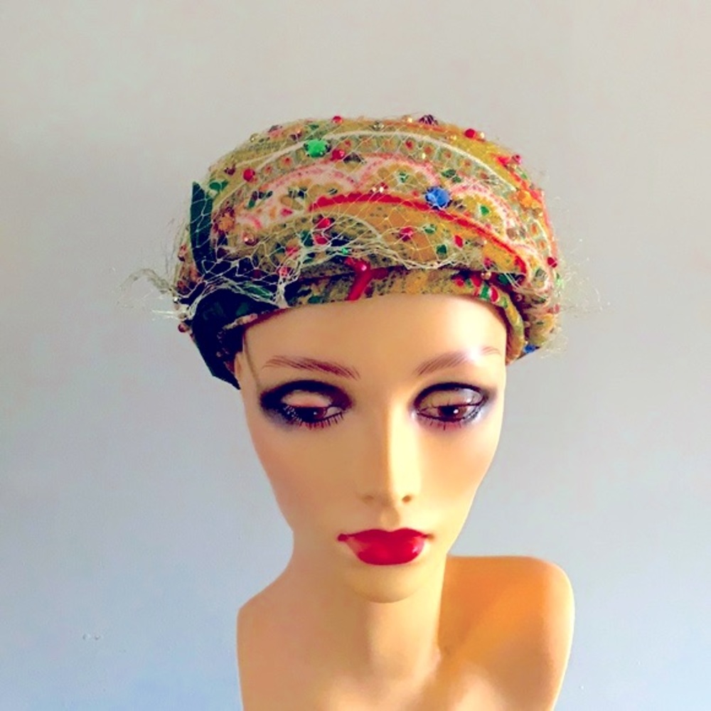 True Vintage Pillbox Wool Gemstones Hat 22 - Picture 3 of 12
